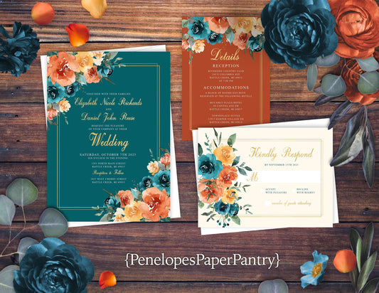 Teal Fall Wedding Invitation – Orange Roses & Gold Calligraphy – Personalized Shimmery Printed Invite with Envelopes Included