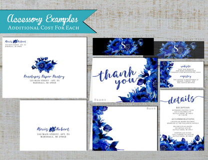 Elegant Sapphire Blue Floral Summer Wedding Invitation Personalized We Do Calligraphy Cobalt Blue Roses Printed Invitation Envelope Included
