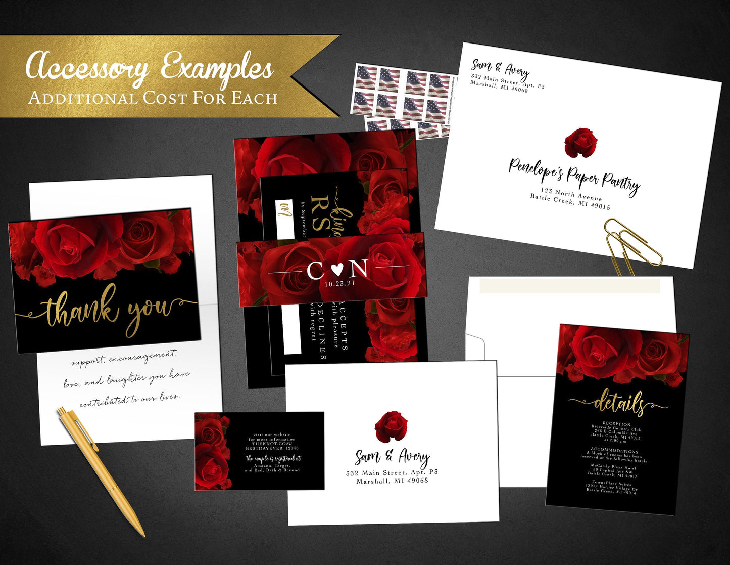 Romantic Red Rose Wedding Invitation – Gold Foil Calligraphy, Elegant & Formal, Custom Printed with Envelopes Included
