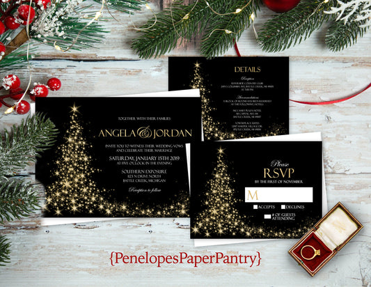 Sparkly Faux Gold Glitter Christmas Tree Winter Wedding Invitation, Set, or Suite