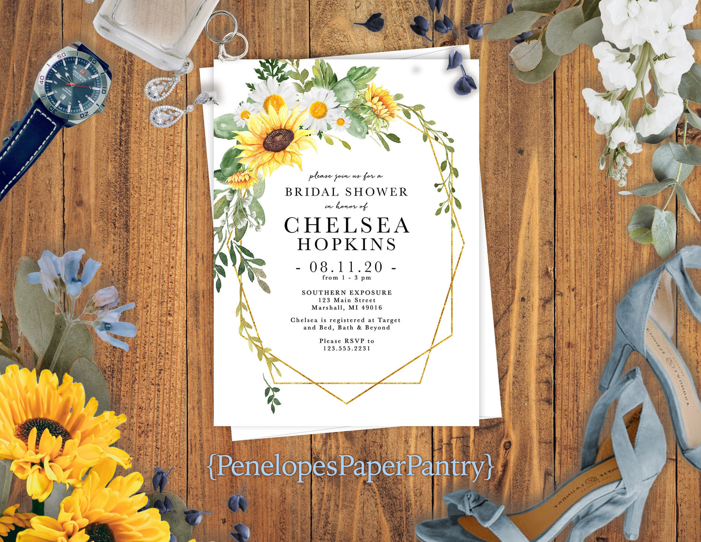 Sunflower and White Florals with Gold Geometric Frame on White Background Bridal Shower Invitation