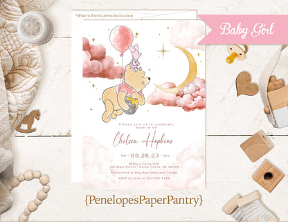 Winnie the Pooh Baby Shower Invitation Girl – Gold Foil Printed Invite with Envelope – Personalized Elegant Baby Shower Cards by Penelope’s Paper Pantry