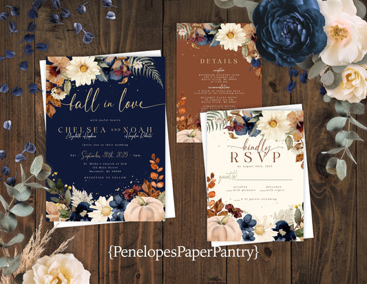 White Pumpkin with Navy and Cream Florals on Blue, Terracotta, and Ivory Hues Fall Wedding Invitation, Set, or Suite