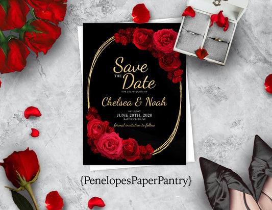 Red Rose with Gold Oval Frame with Black Background Save the Date