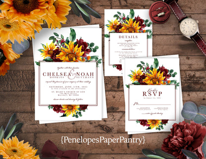 Sunflower and Burgundy Florals with Frame on White Background Fall Wedding Invitation, Set, or Suite