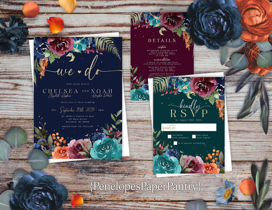 Jewel Tone Florals on Navy, Teal, and Plum Background Fall Wedding Invitation, Set, or Suite