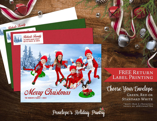 Elf on the Shelf Inspired Sledding Character Holiday Greeting Cards