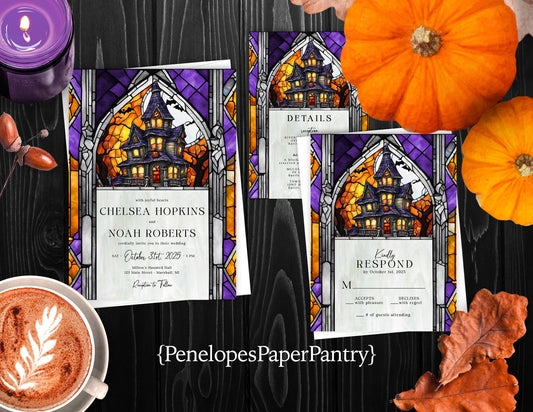 Halloween Mansion Faux Stained Glass Fall Wedding Invitation, Set, or Suite