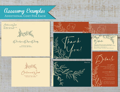 Dark Teal, Burnt Orange, and Ivory with Floral Line Art Fall Wedding Invitation, Set, or Suite