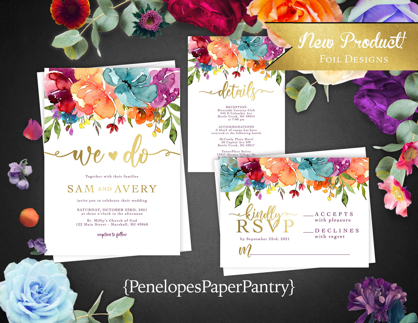 Bright Floral with Gold Accents on White Background Summer Wedding Invitation, Set, or Suite