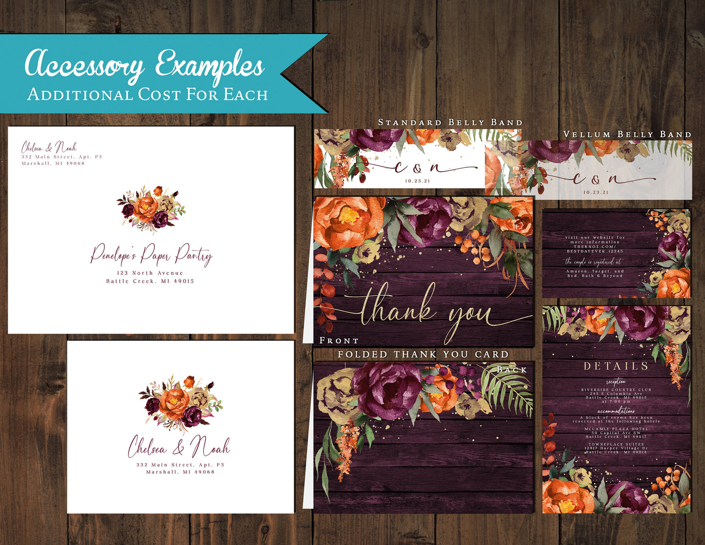 Purple and Orange Florals on Plum Wood Background Fall Wedding Invitation, Set, or Suite