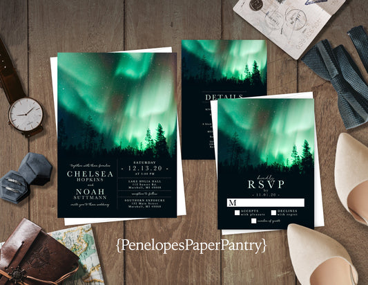 Unique Northern Lights Wedding Invitation Personalized Emerald Green Starry Sky Shimmery Printed Invitations Envelopes Included Custom Text