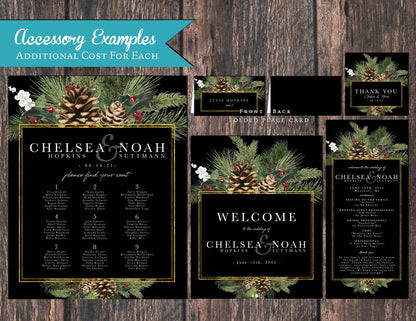 Pinecone and Branches with Gold Frame and Black Background Winter Wedding Invitation, Set, or Suite