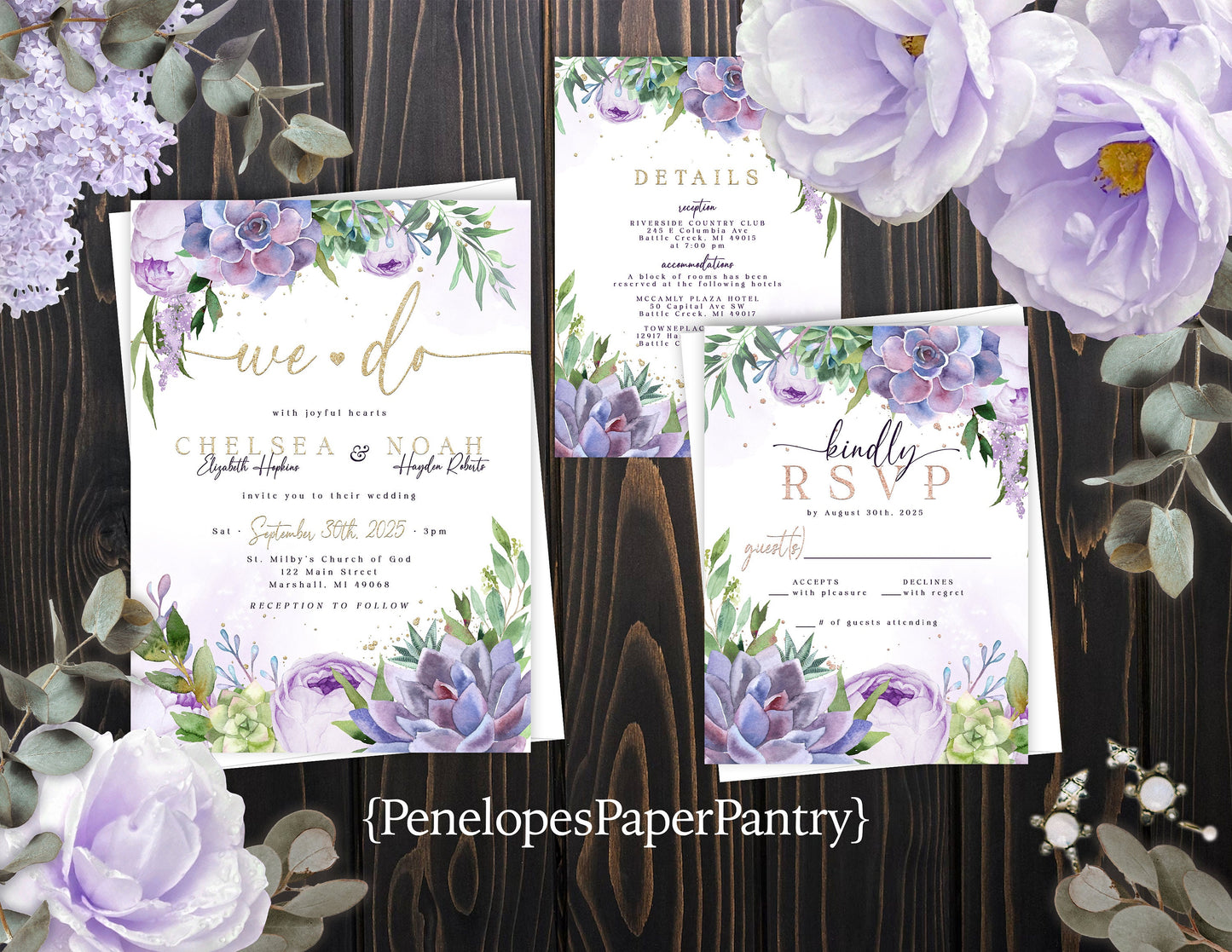 Elegant Purple Floral Summer Wedding Invitation Personalized Wedding Invite Lavender Roses Succulents Printed Invitations Envelopes Included