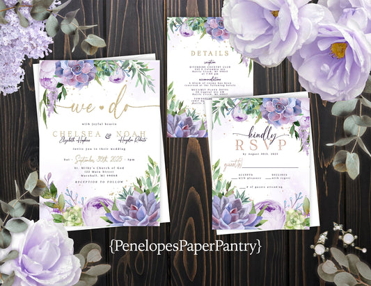 Elegant Purple Floral Summer Wedding Invitation Personalized Wedding Invite Lavender Roses Succulents Printed Invitations Envelopes Included