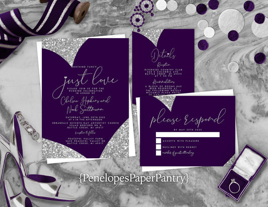 Purple Heart with Faux Silver Glitter Traditional Wedding Invitation, Sets, or Suite