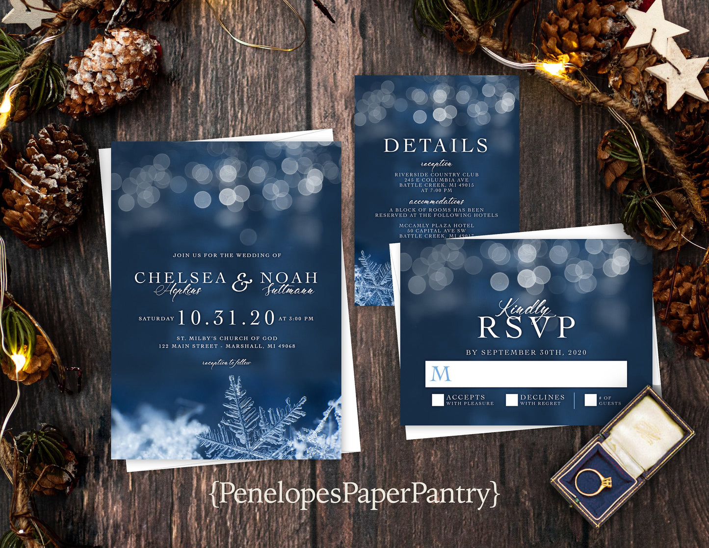 Blue Frost and Snow with Bokeh Lights Winter Wedding Invitation, Set, or Suite