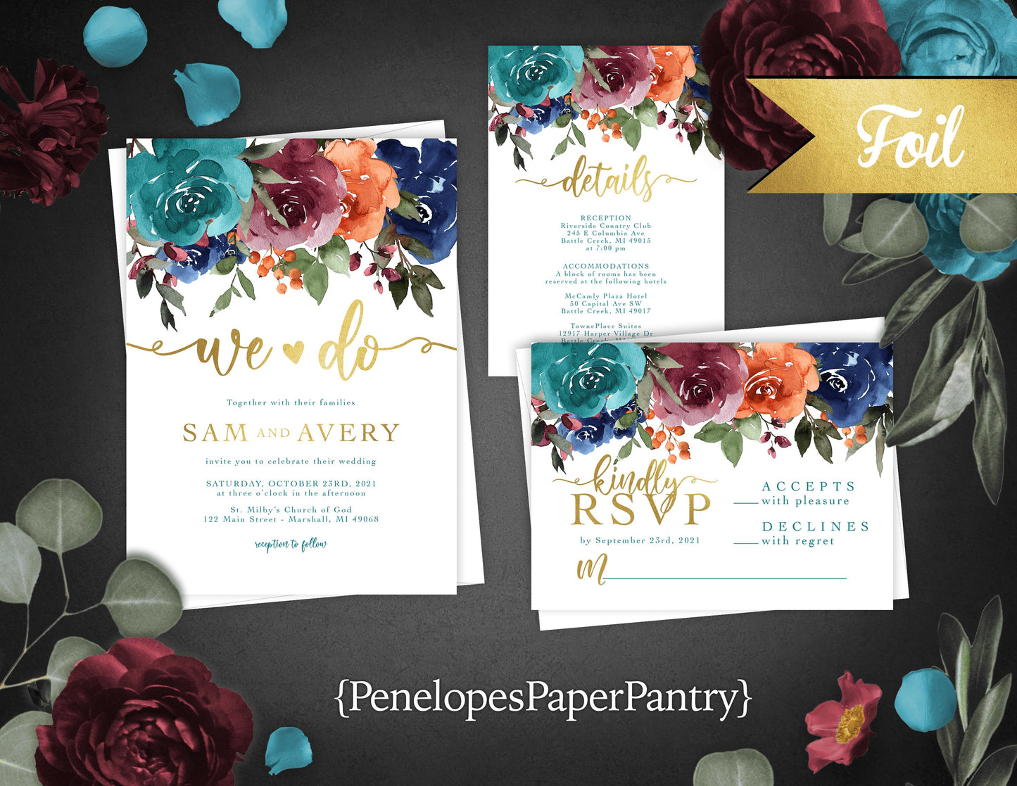 Elegant Jewel Tone Floral Fall Wedding Invitation Personalized Navy Burgundy Orange Gold Foil Calligraphy Printed Invitations With Envelopes