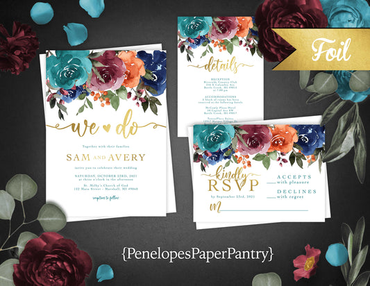 Elegant Jewel Tone Floral Fall Wedding Invitation Personalized Navy Burgundy Orange Gold Foil Calligraphy Printed Invitations With Envelopes