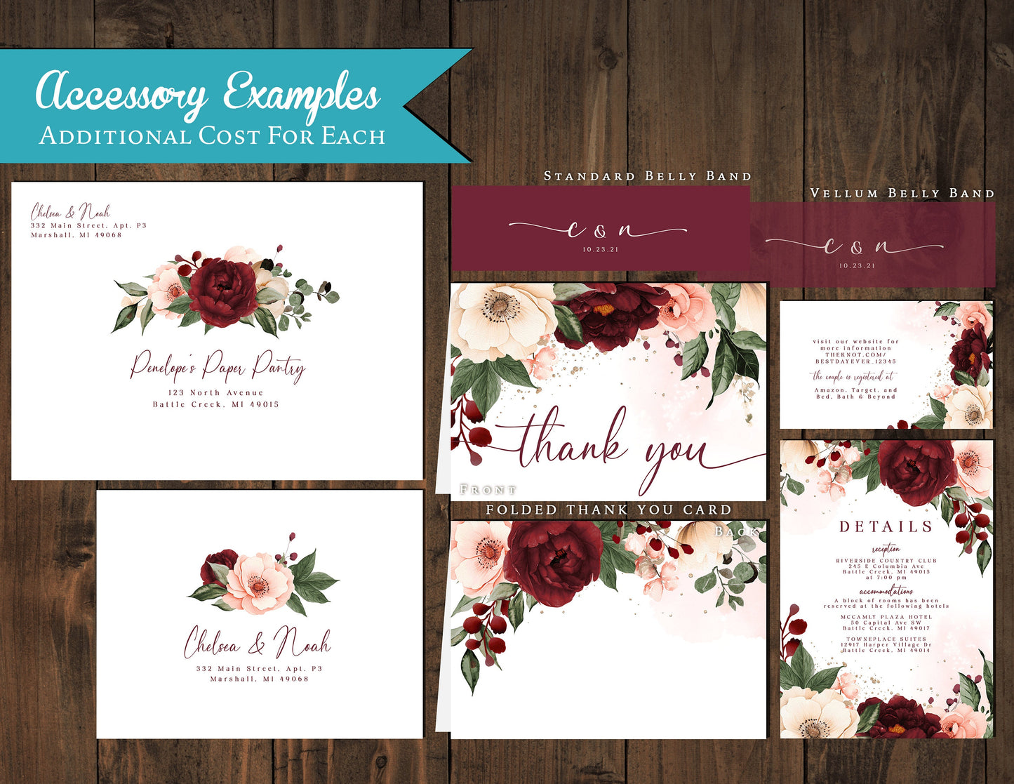 Burgundy and Blush Florals on White Background Fall Wedding Invitation, Set, or Suite