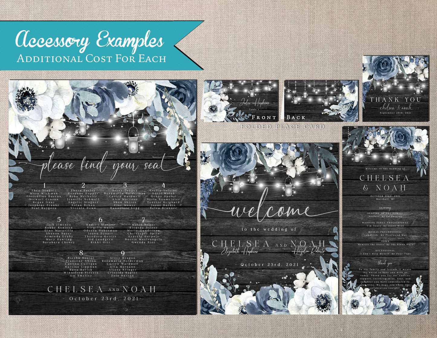 Elegant Rustic Dusty Blue Floral Summer Wedding Invitation Personalized Gray Barn Wood Glowing Lights Shimmery Printed Invitations Envelopes