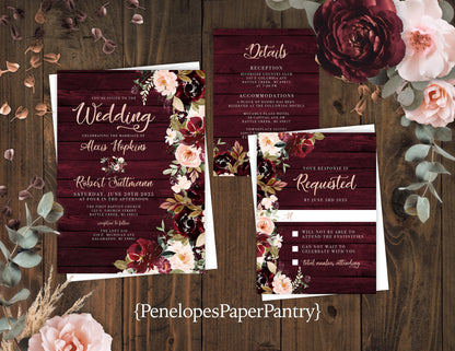 Rustic Fall Wedding Invitation – Burgundy & Blush Florals, Barn Wood & Calligraphy – Personalized Shimmery Printed Invitations with Envelopes Included