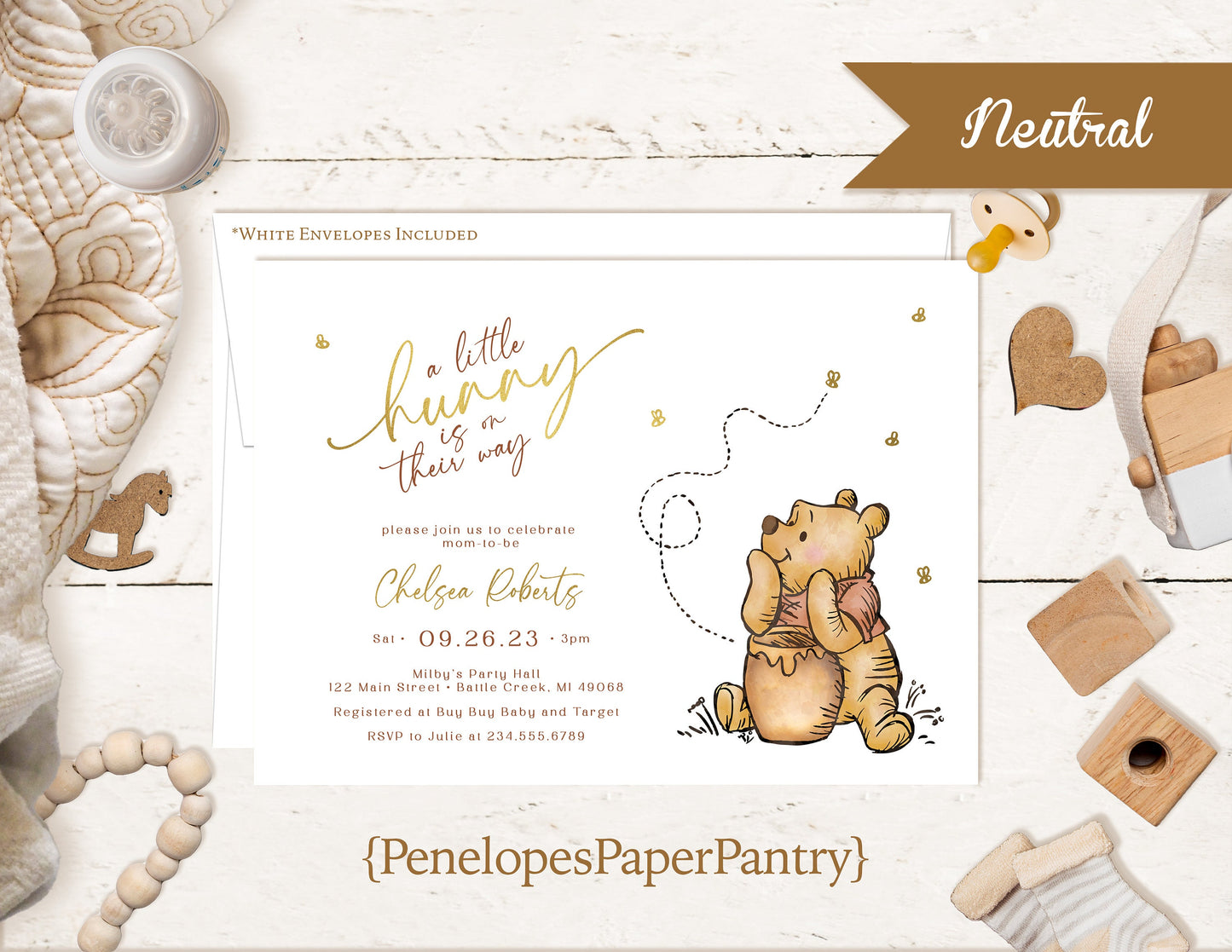 Winnie the Pooh Baby Shower Invitation – Gender Neutral Gold Foil Printed Invite with Pooh Bear, Honey Pot & Bees – Personalized Card with Envelope