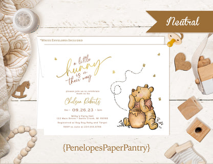 Winnie the Pooh Baby Shower Invitation – Gender Neutral Gold Foil Printed Invite with Pooh Bear, Honey Pot & Bees – Personalized Card with Envelope