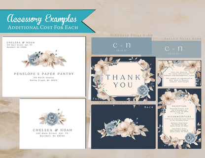 Dusty Blue Florals with Navy and Ivory Frame Background Summer Wedding Invitation, Set, or Suite