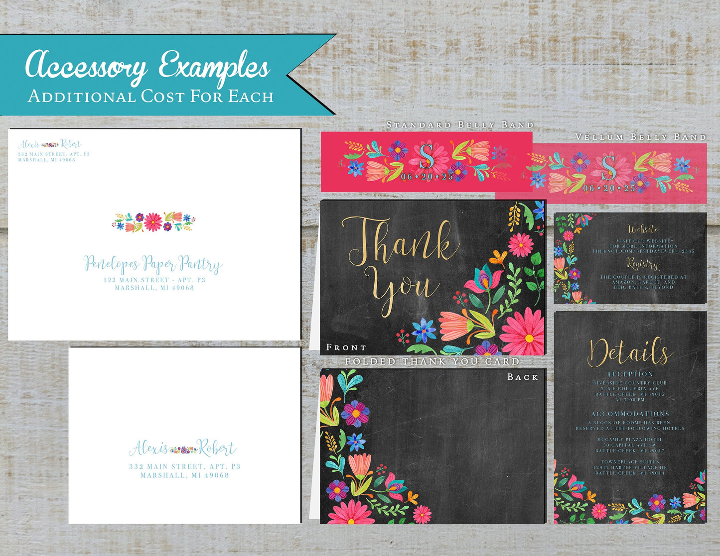 Bright Petite Florals on Chalkboard Background Summer Wedding Invitation, Set, or Suite