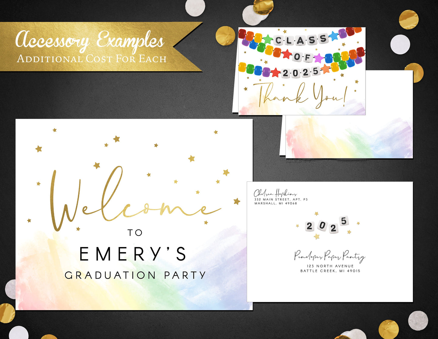 Rainbow Friendship Bracelet with Gold Foil Graduation Open House or Ceremony Invitation