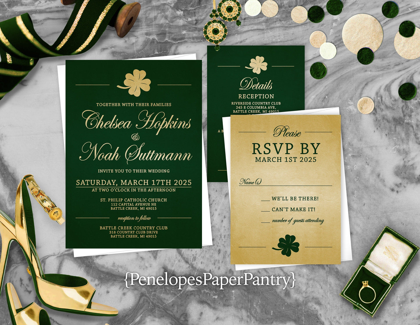 Emerald Irish Shamrock St. Patricks Day on Metallic Gold Paper Traditional Wedding Invitation, Sets, or Suite