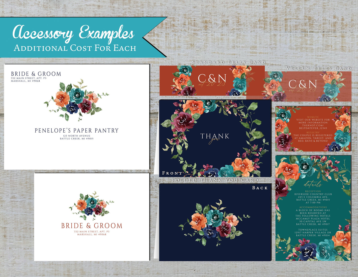 Jewel Tone Florals on Navy, Teal, and Orange Background Fall Wedding Invitation, Set, or Suite