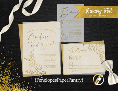 Vellum Eucalyptus Line Art with Gold Foil Wedding Invitaiton, Set, or Suite