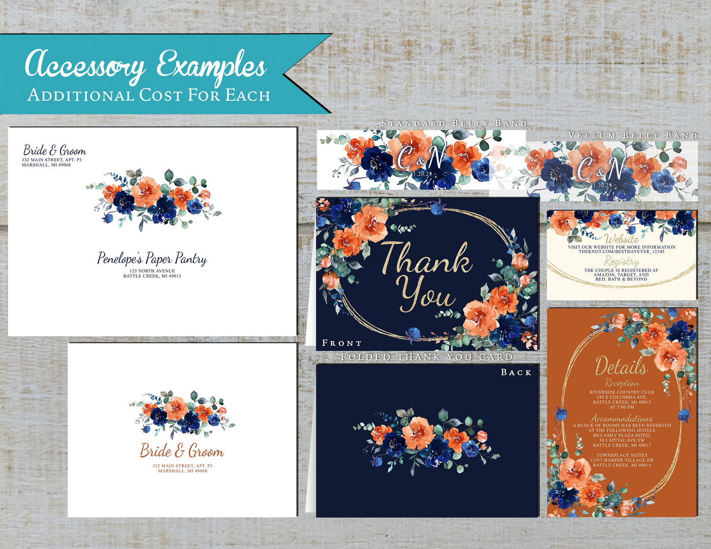 Navy and Orange Florals with Oval Frame on Navy, Orange, and Ivory Background Fall Wedding Invitation, Set, or Suite