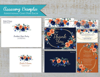 Rustic Navy Floral Fall Wedding Invitation – Burnt Orange & Gold Oval Frame – Personalized Shimmery Printed Invite with Envelope Included