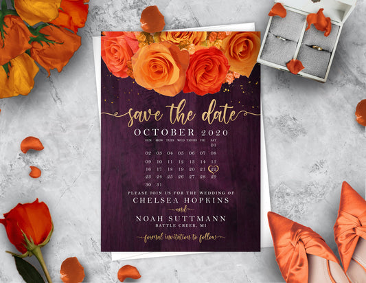 Orange Rose Florals with Smooth Purple Wood Background Save the Date