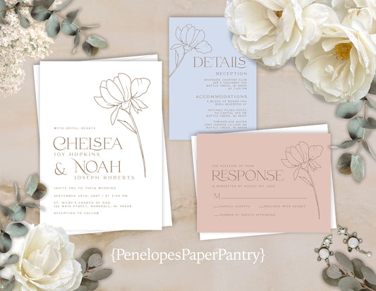 Pastel Floral Line Art Summer Wedding Invitation, Set, or Suite