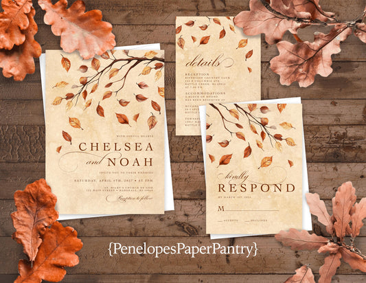 Elegant Rustic Fall Wedding Invitation Personalized Oak Tree Branch Burnt Orange Leaves Parchment Printed Invitations With Envelopes Simple