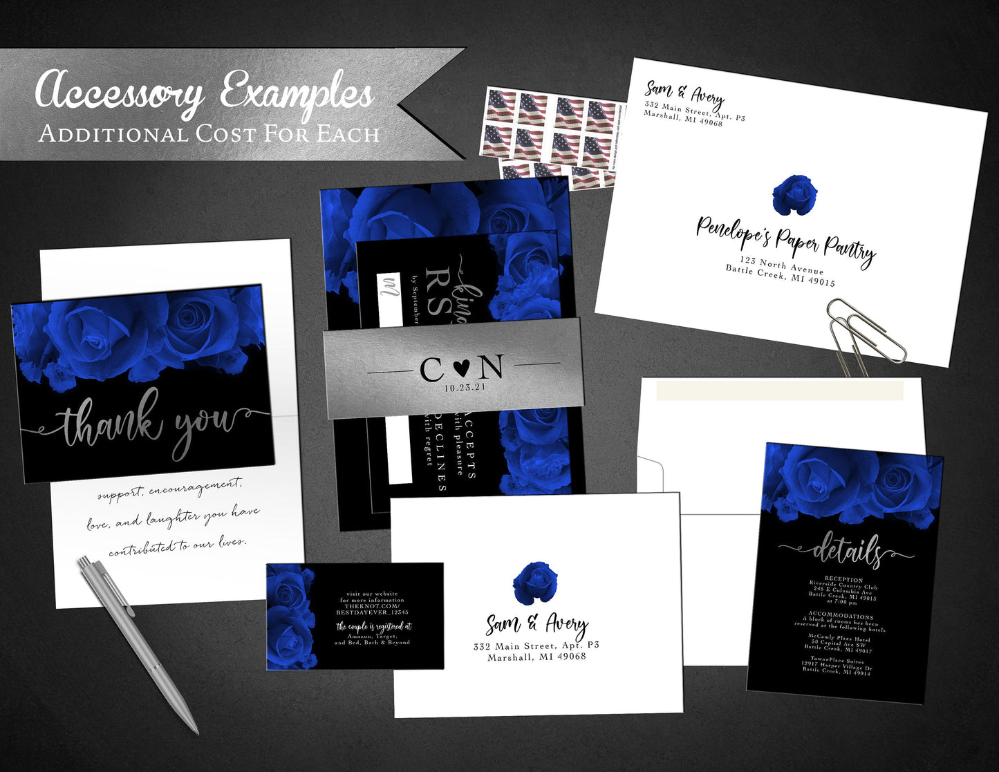 Royal Blue Florals with Silver Foil on Black Background Rose Wedding Invitation, Set, or Suite