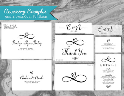 Black and White Infinity Heart Eternal Love on White Paper Traditional Wedding Invitation, Sets, or Suite