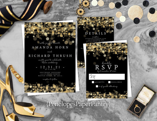 Gold Bokeh String Lights with Black Background Traditional Wedding Invitation, Sets, or Suite