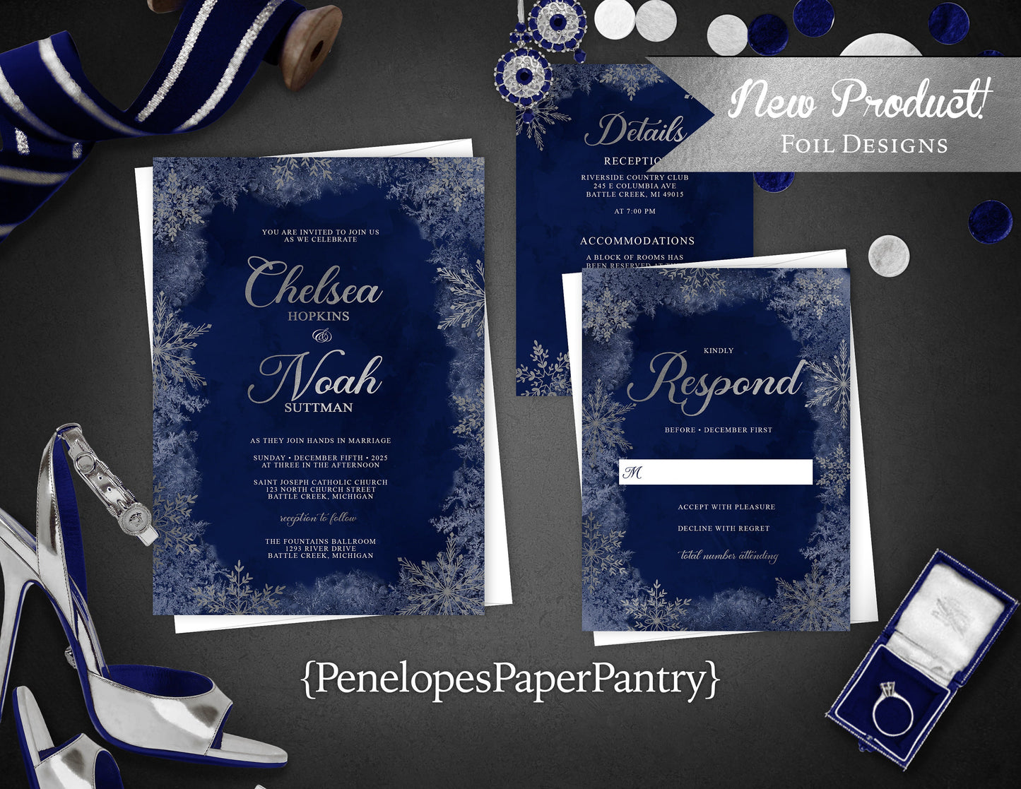Fancy Winter Wedding Invitation Personalized Navy Silver Foil Print Snowflakes Calligraphy Custom Text Printed Invitation Envelopes Included