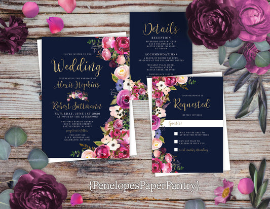 Navy and Pink Floral Summer Wedding Invitation,Summer Wedding Invite,Magenta,Cornflower Blue,Gold,Shimmery,Personalize,Printed Invitation