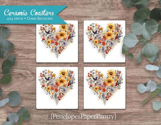 Wildflower Heart Ceramic Coaster Set Printed Butterflies Sunflowers Home Decor Perfect Gift For Her Birthday Bridal Shower Wedding Christmas