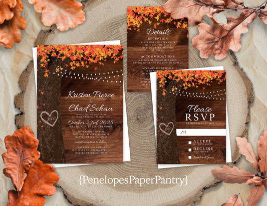 Oak Tree with Orange Leaves on Wood Background Fall Wedding Invitation, Set, or Suite