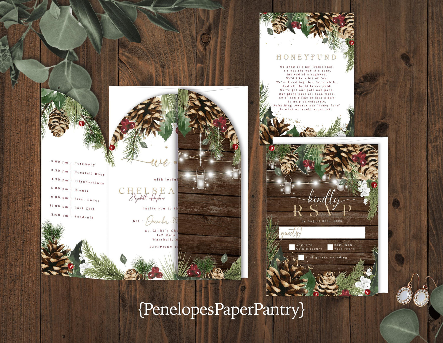 Die Cut Arch Winter Pine Branch and Lights with Barn Wood Gatefold Folded Wedding Invitation, Set, or Suite