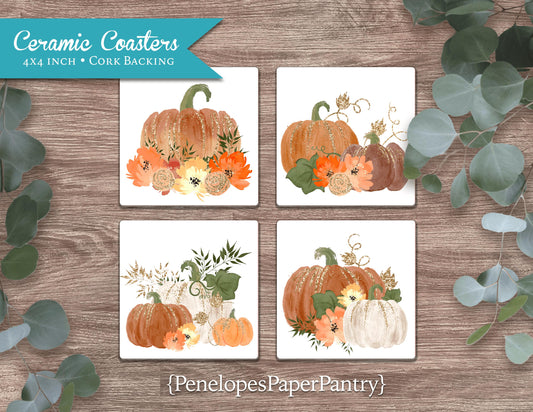 Pumpkin Patch Ceramic Coasters Set Of Four Fall Decor Gift For Her Bridal Shower Gift Birthday Wedding Unique Gift UV Printing Cork Backing