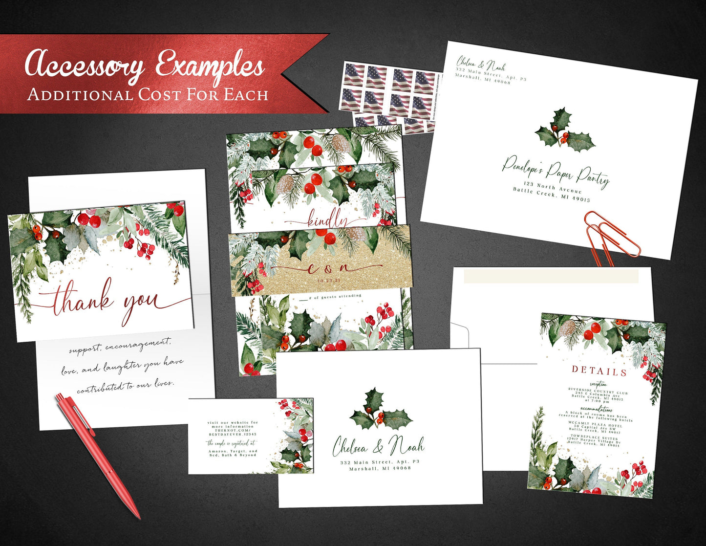 Whimsical Christmas Wedding Invitation – Tis The Season To Be Married, Green & Red Foil Calligraphy, Custom Printed with Envelopes Included