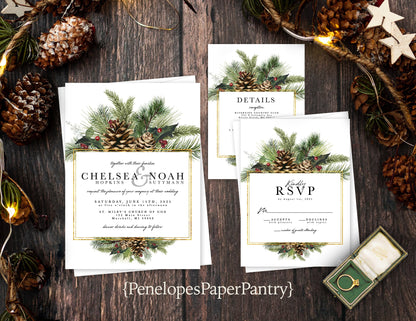 Pinecone and Branches with Gold Frame Winter Wedding Invitation, Set, or Suite